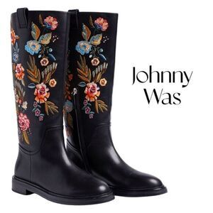 JOHNNY WAS Black/Orange/Blue floral embroidered Bianca Boot Sz 8 EUC